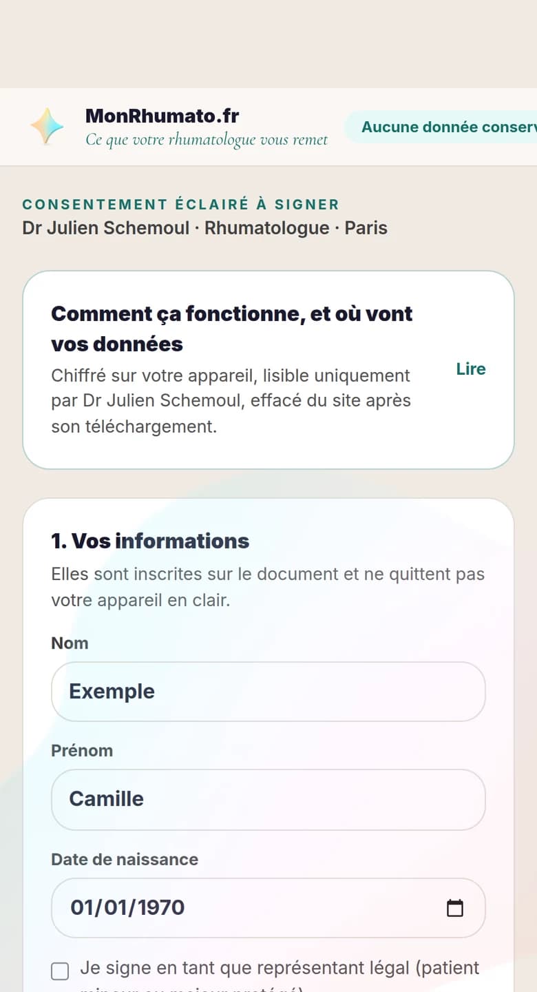 Écran d'identité du parcours patient : nom, prénom, date de naissance, représentant légal