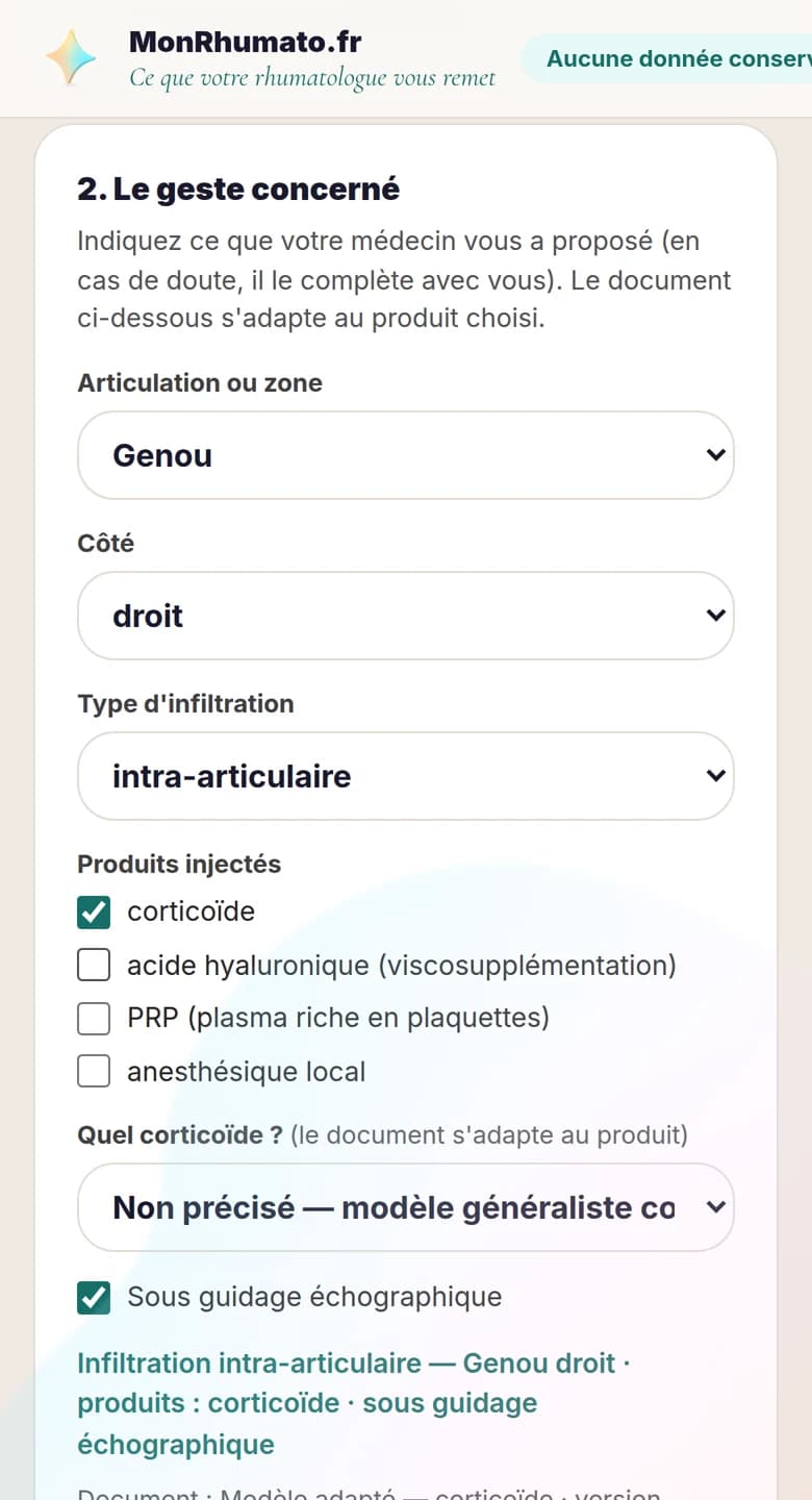 Écran du geste concerné sur le téléphone du patient : articulation, côté, type d'infiltration, produits, guidage échographique