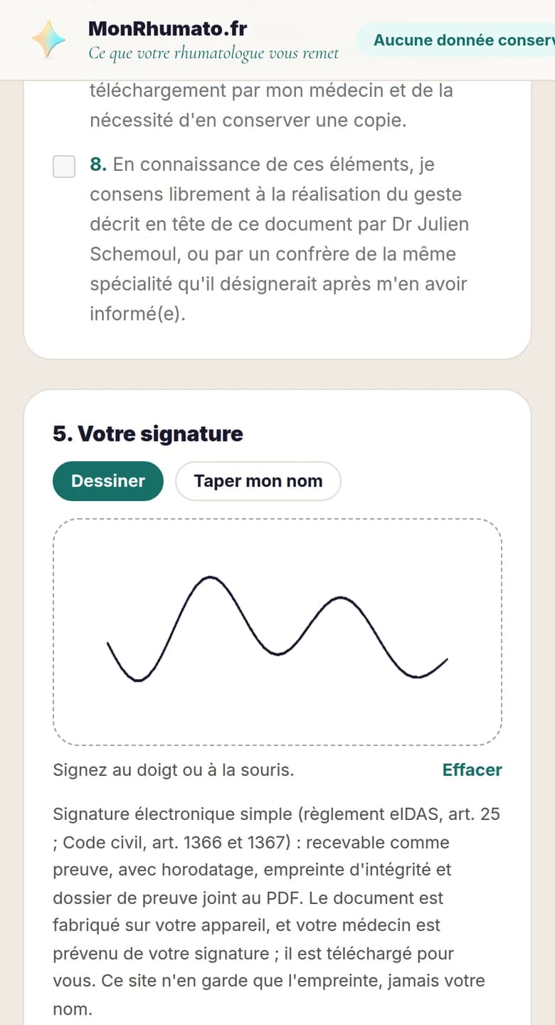 Écran de signature du consentement sur le téléphone du patient : dernière déclaration à attester, signature dessinée au doigt